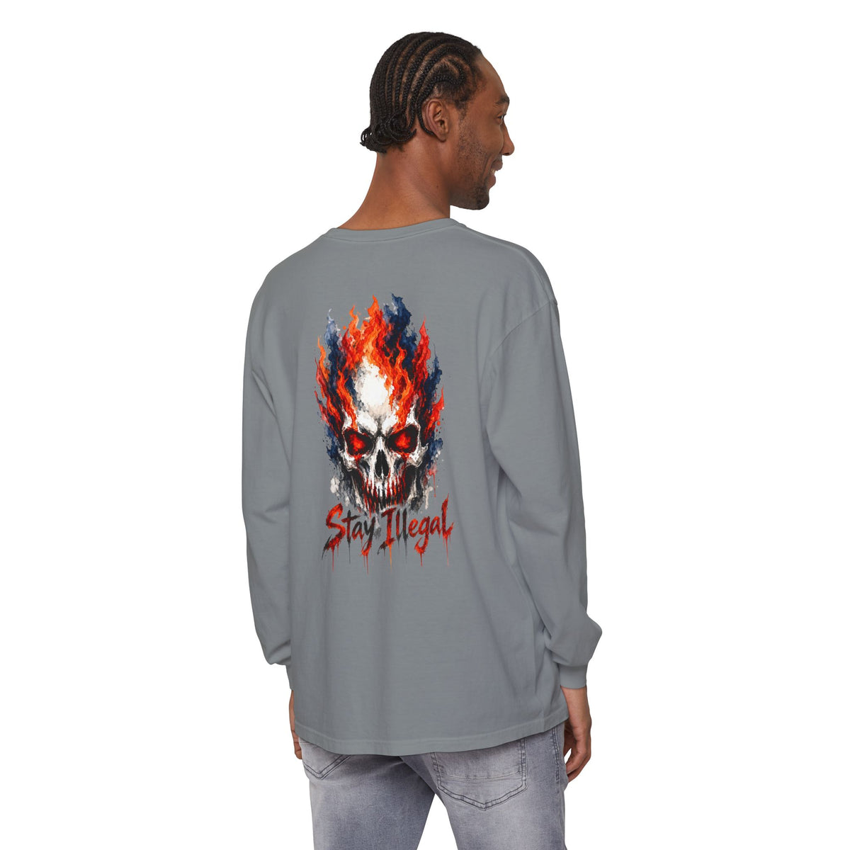 Back Print Long Sleeve T‑Shirt — Stay Illegal Skull/D