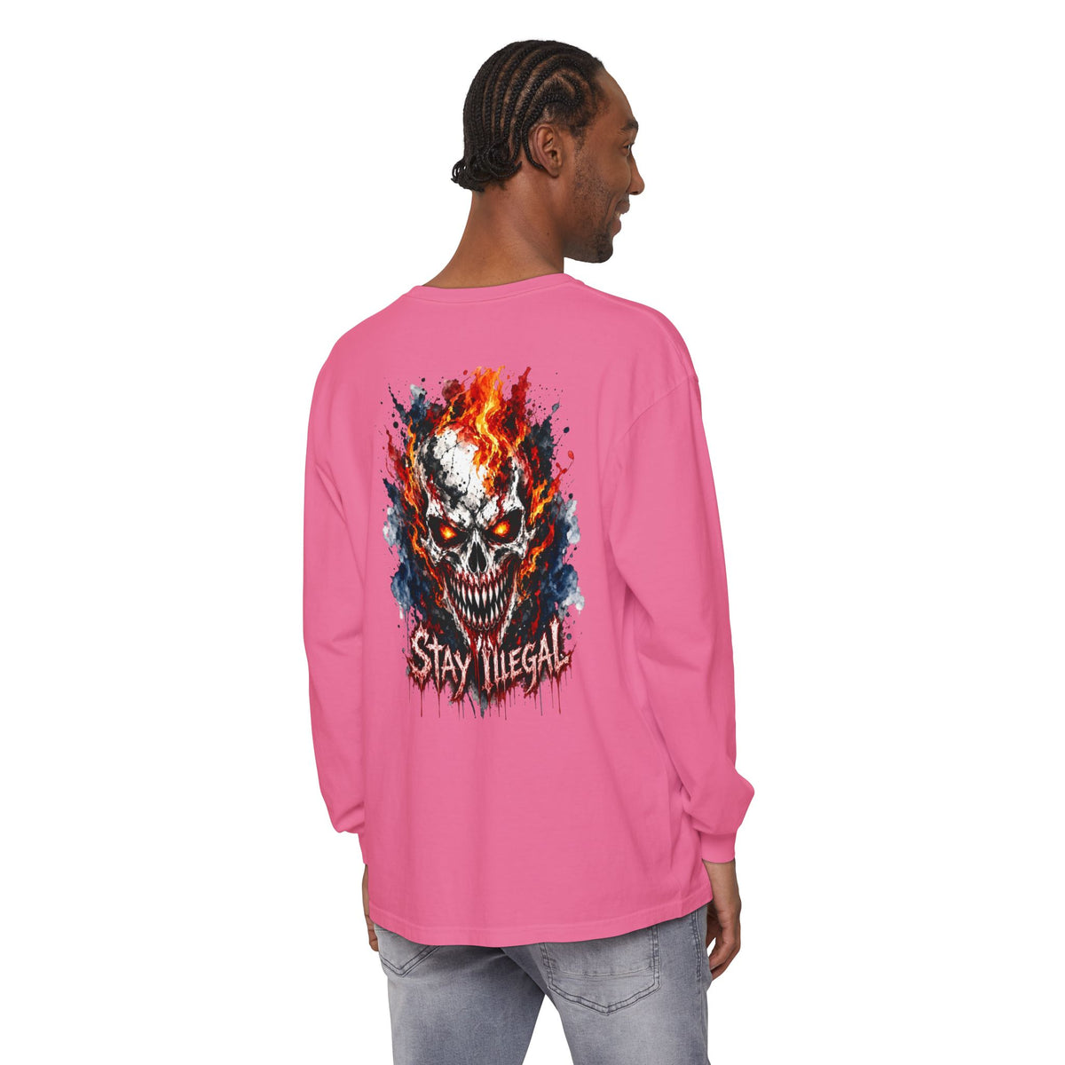 Back Print Long Sleeve T‑Shirt — Stay Illegal Skull/E