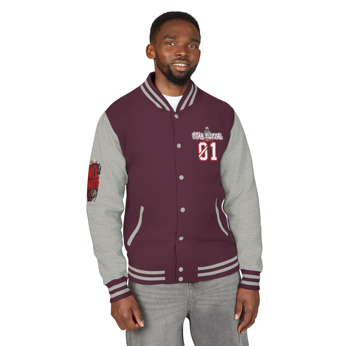 Stay Illegal Varsity Bomber Jacket - Calm Like a Bomb 01 (No To NATO Graphic)