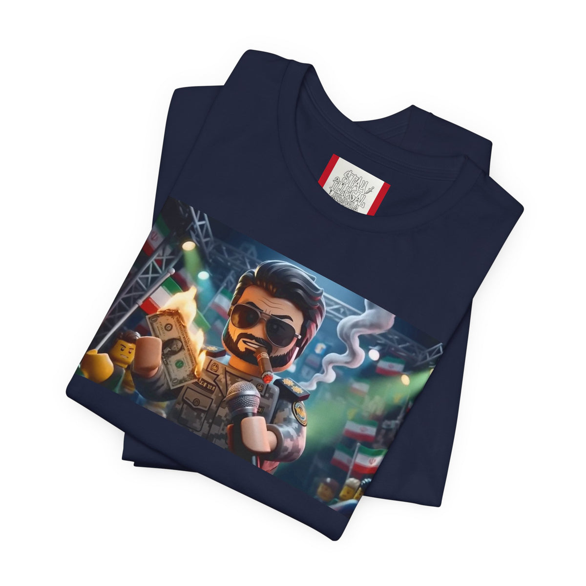 Propaganda T‑Shirt — IRAN LEGOS — IRGC Burn The Dollars