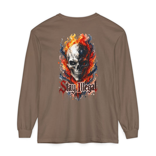Back Print Long Sleeve T‑Shirt — Stay Illegal Skull/B