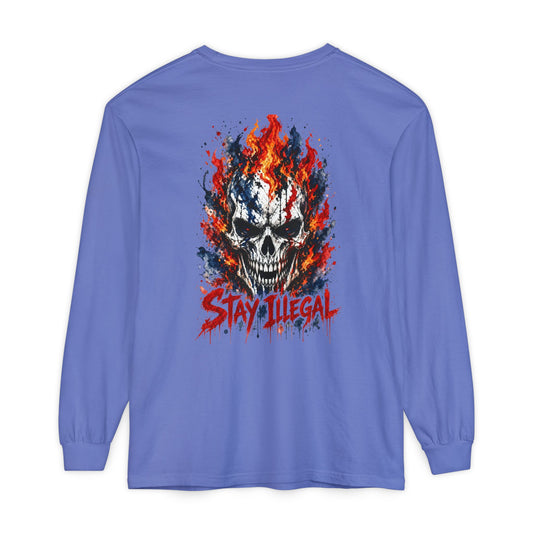 Back Print Long Sleeve T‑Shirt — Stay Illegal Skull/C
