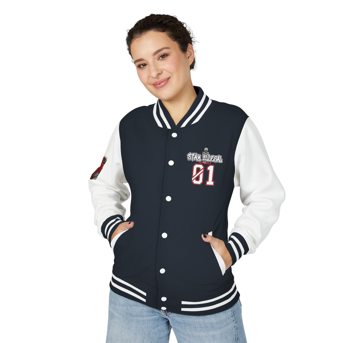Stay Illegal Varsity Bomber Jacket - Calm Like a Bomb 01 (No To NATO Graphic)