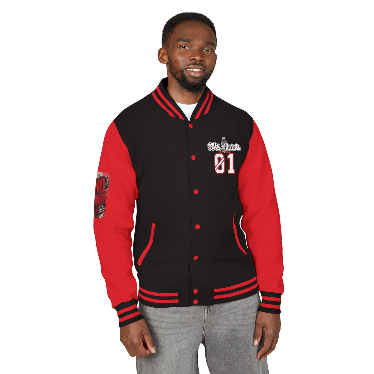Stay Illegal Varsity Bomber Jacket - Calm Like a Bomb 01 (No To NATO Graphic)