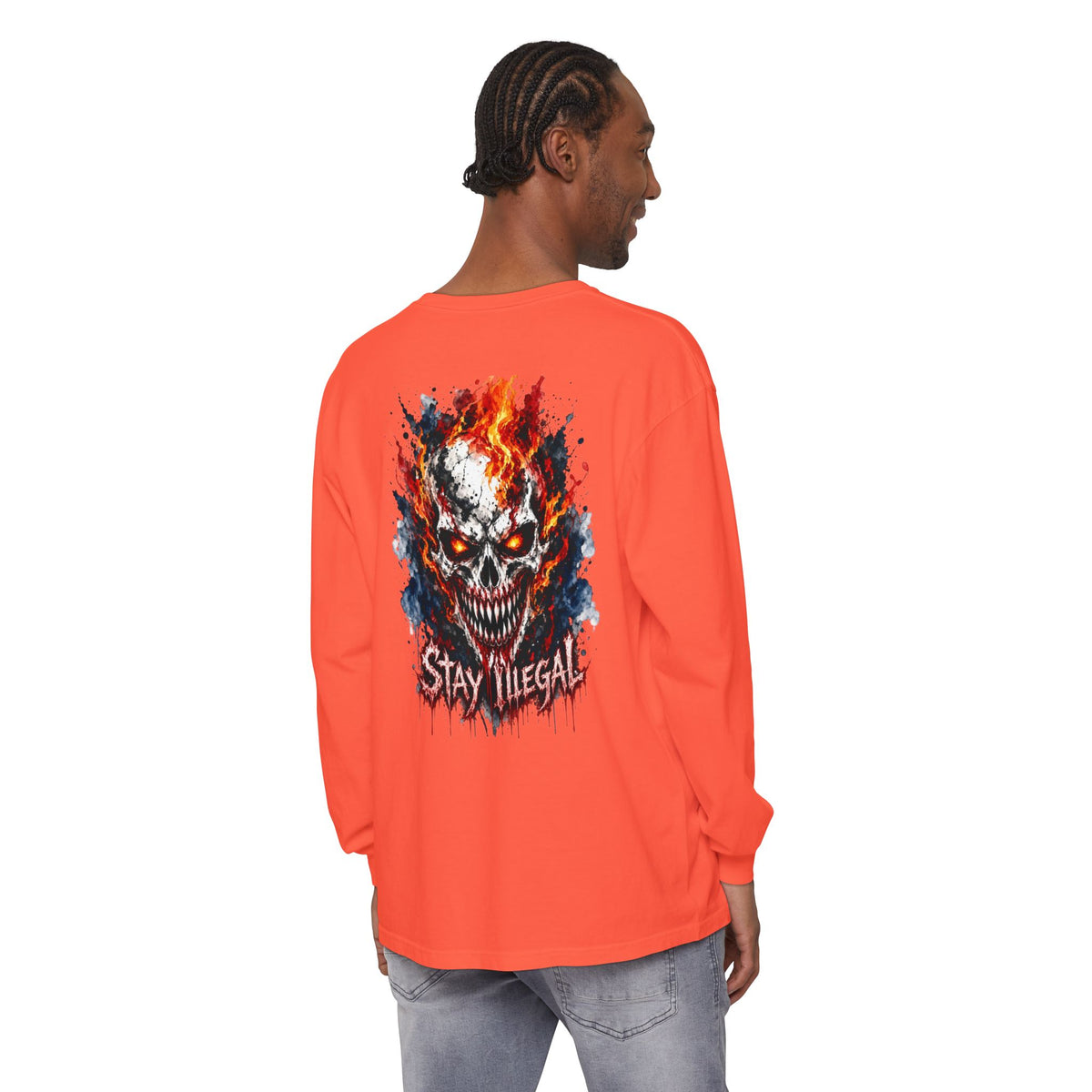 Back Print Long Sleeve T‑Shirt — Stay Illegal Skull/E