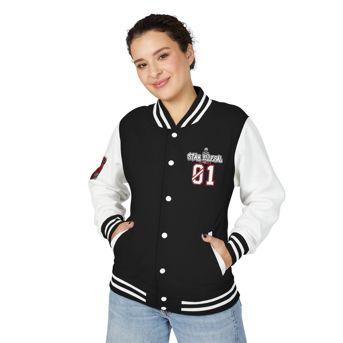Stay Illegal Varsity Bomber Jacket - Calm Like a Bomb 01 (No To NATO Graphic)