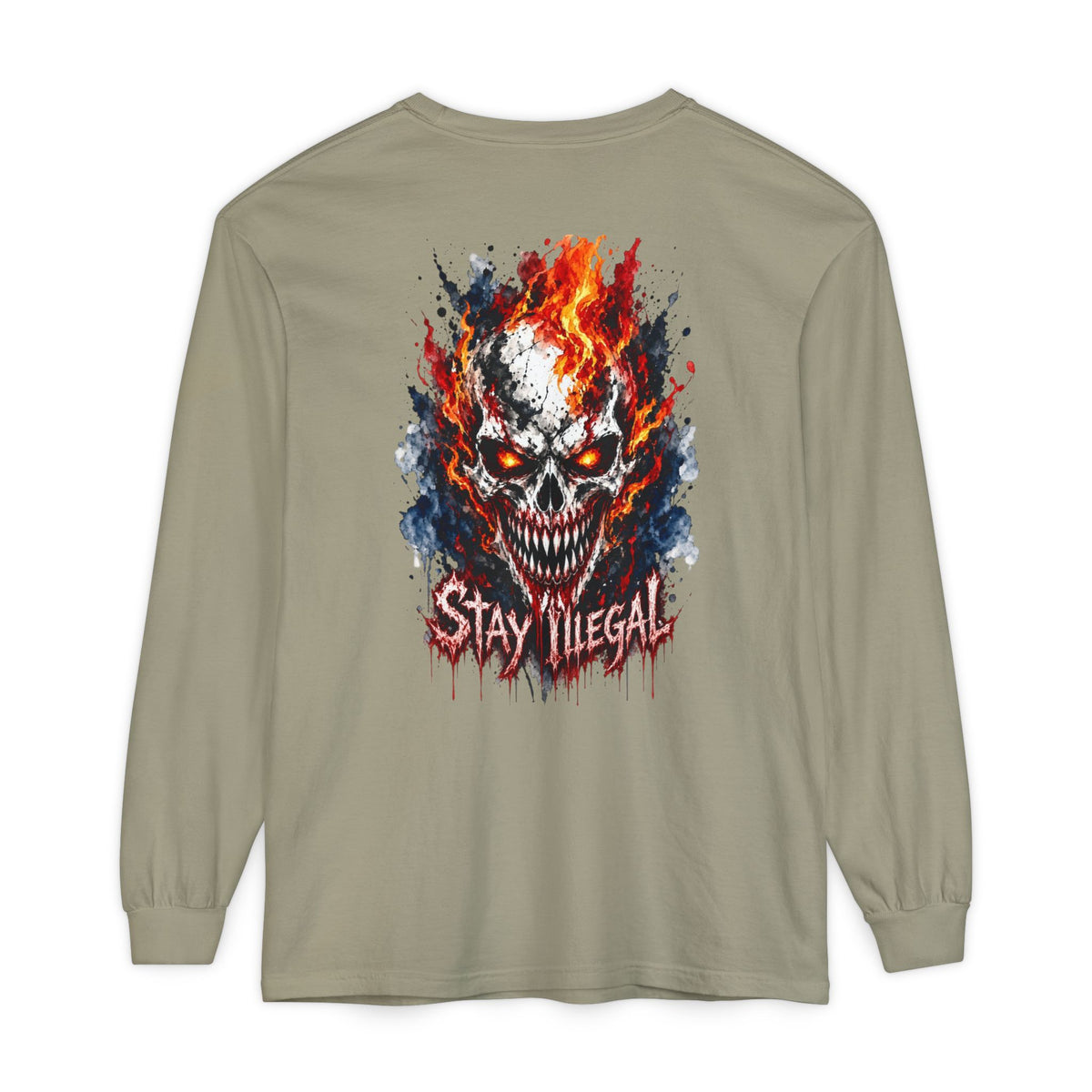 Back Print Long Sleeve T‑Shirt — Stay Illegal Skull/E
