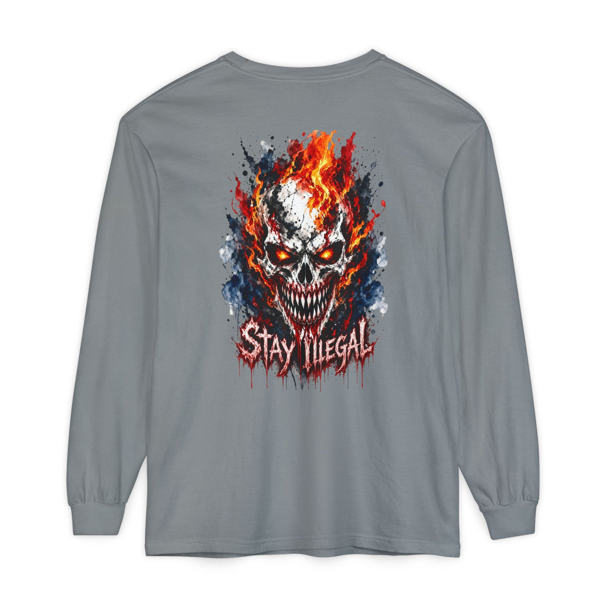 Back Print Long Sleeve T‑Shirt — Stay Illegal Skull/E
