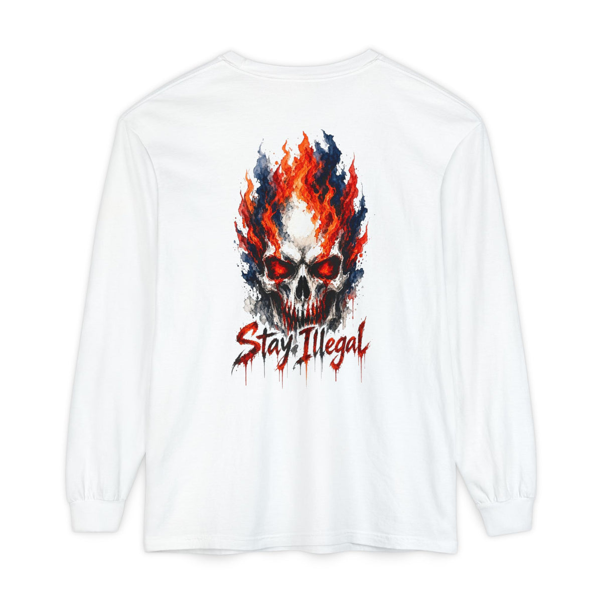 Back Print Long Sleeve T‑Shirt — Stay Illegal Skull/D