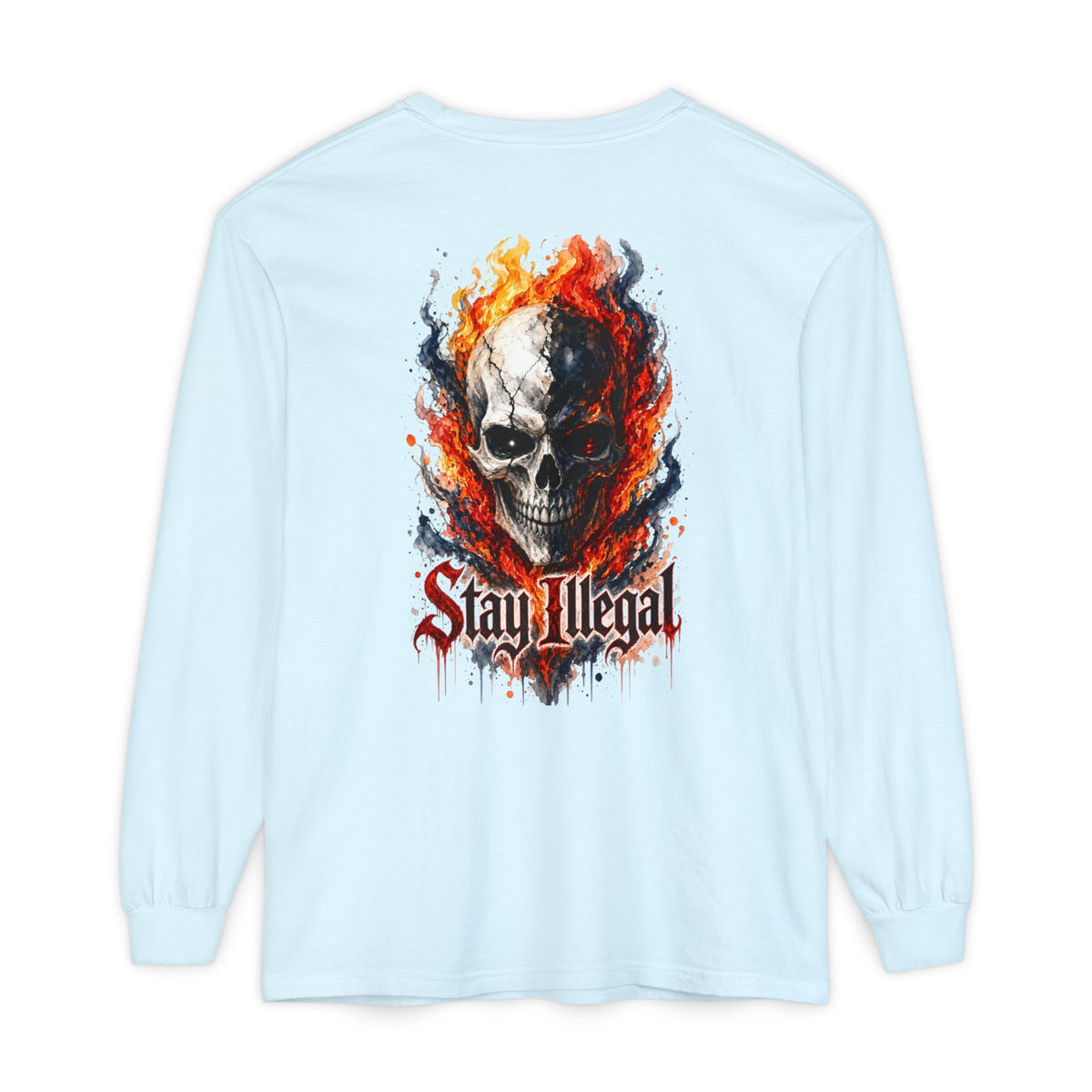 Back Print Long Sleeve T‑Shirt — Stay Illegal Skull/B