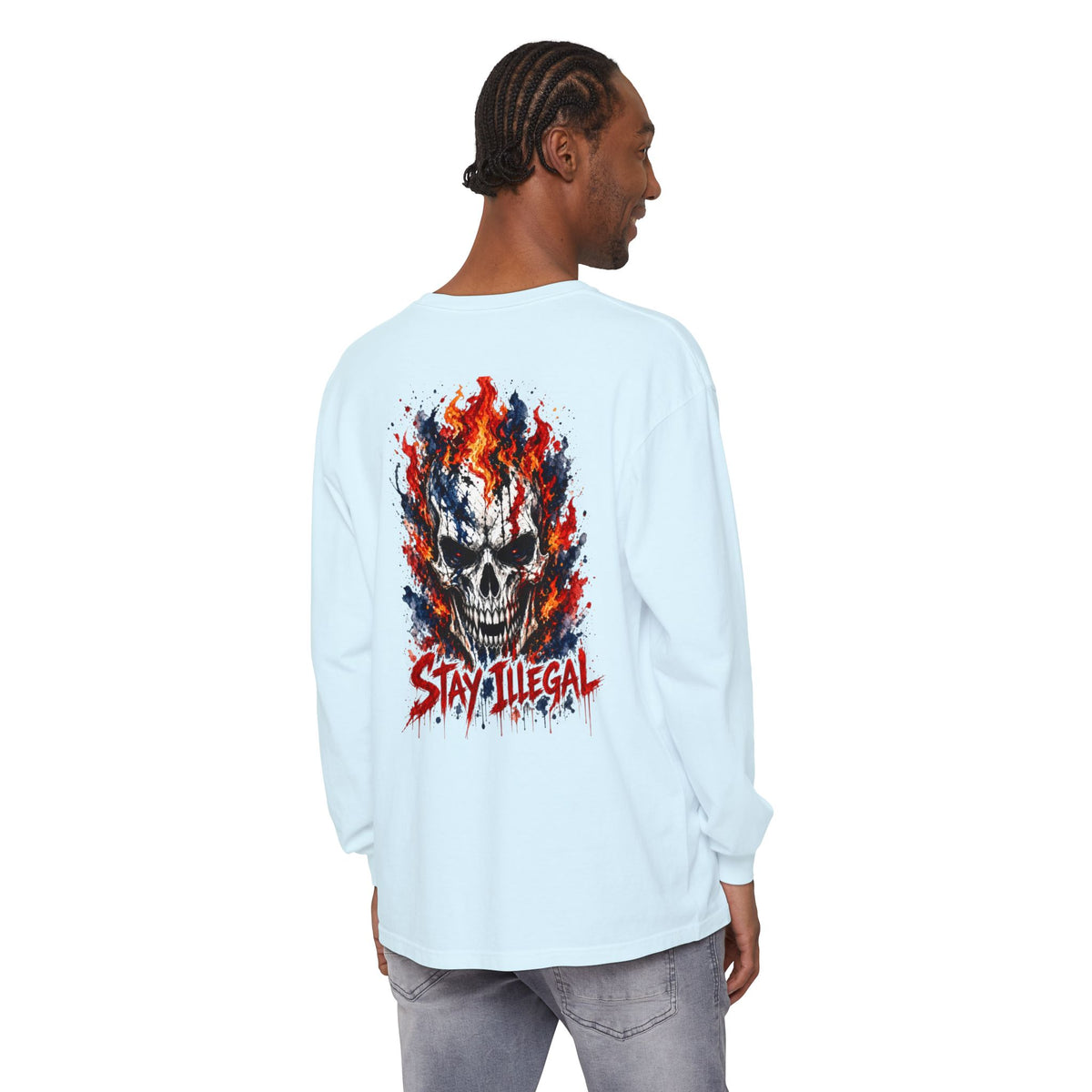 Back Print Long Sleeve T‑Shirt — Stay Illegal Skull/C