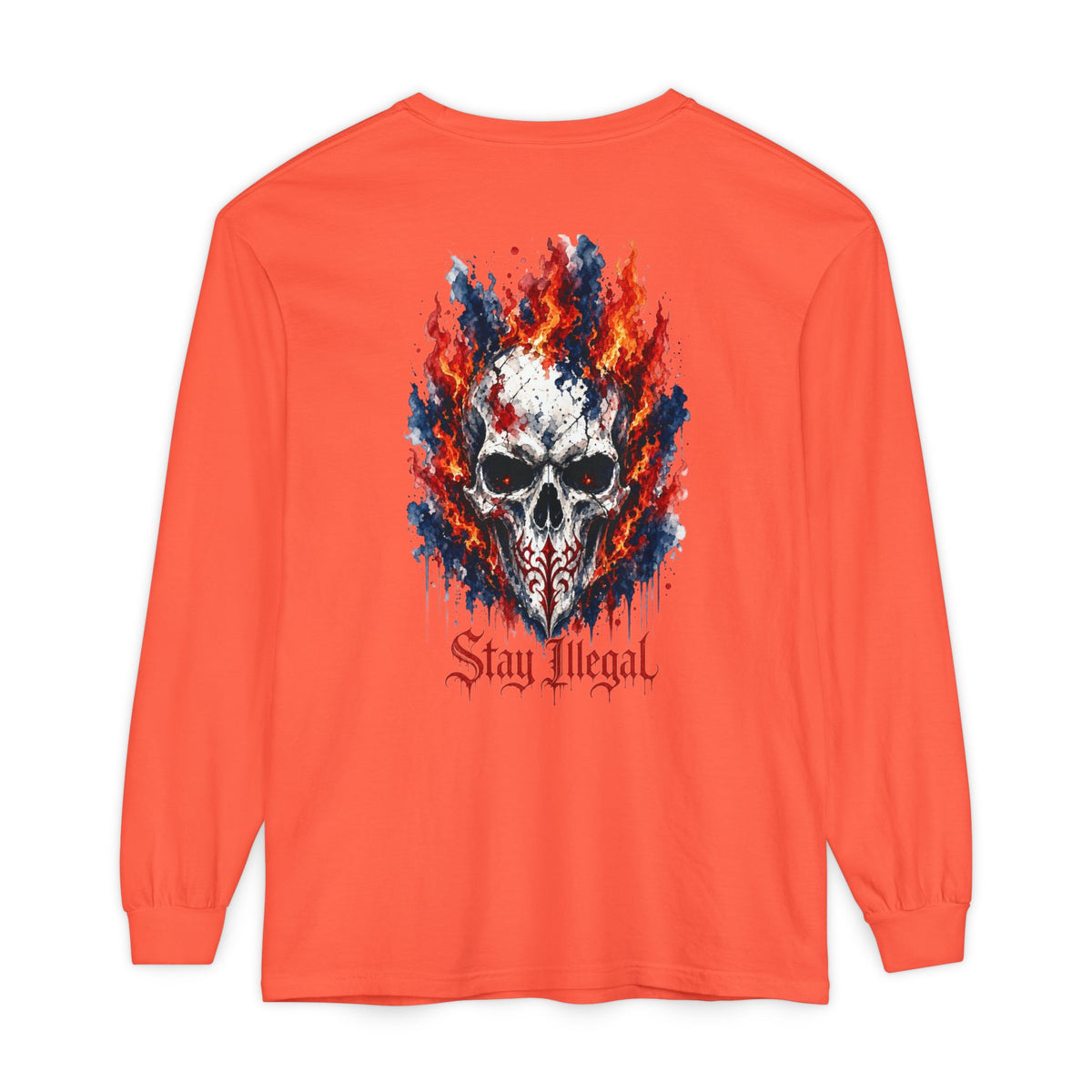 Back Print Long Sleeve T‑Shirt — Stay Illegal Skull/A