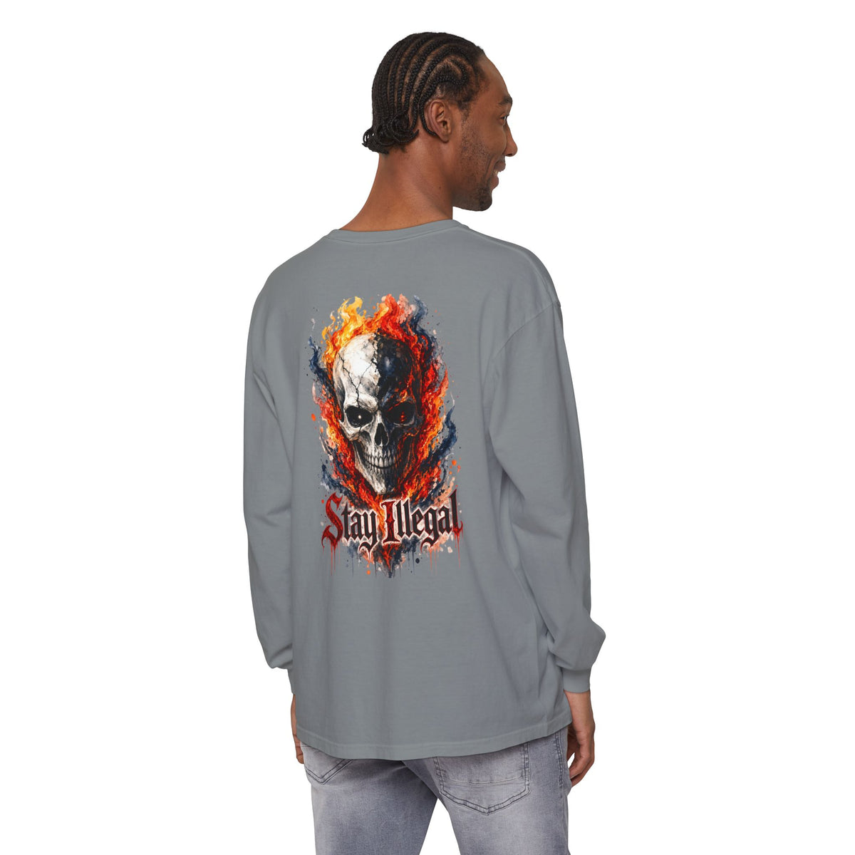 Back Print Long Sleeve T‑Shirt — Stay Illegal Skull/B