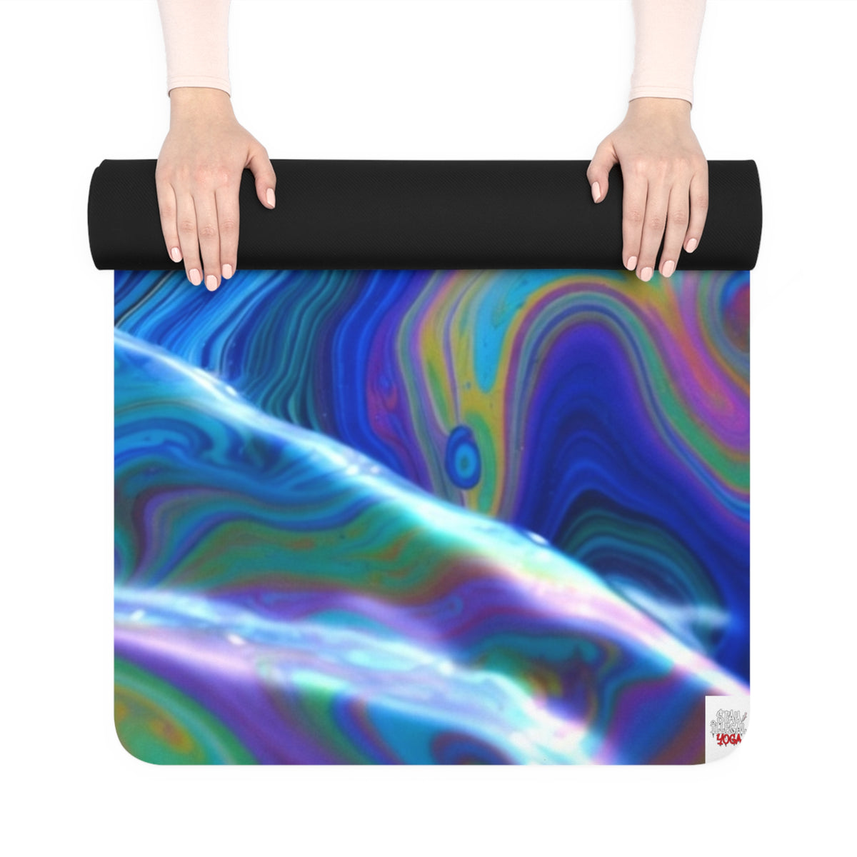 Illegal Shimmer Yoga Mat — Non-Slip Vibrant Blue & Rainbow Design