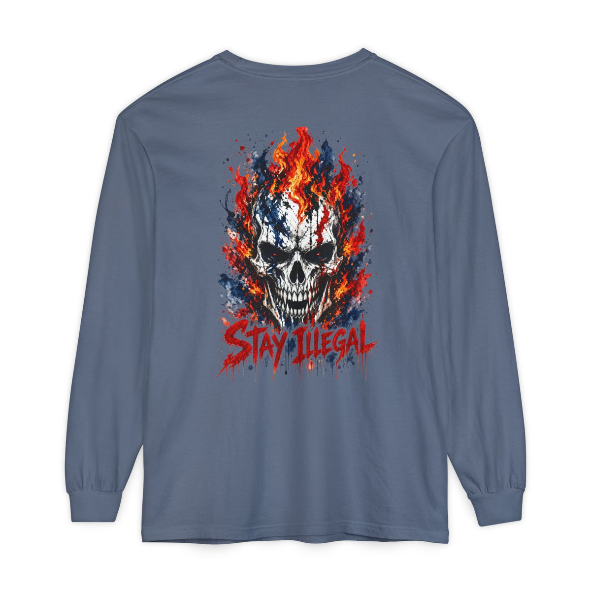Back Print Long Sleeve T‑Shirt — Stay Illegal Skull/C