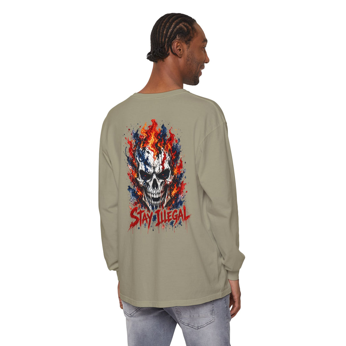 Back Print Long Sleeve T‑Shirt — Stay Illegal Skull/C