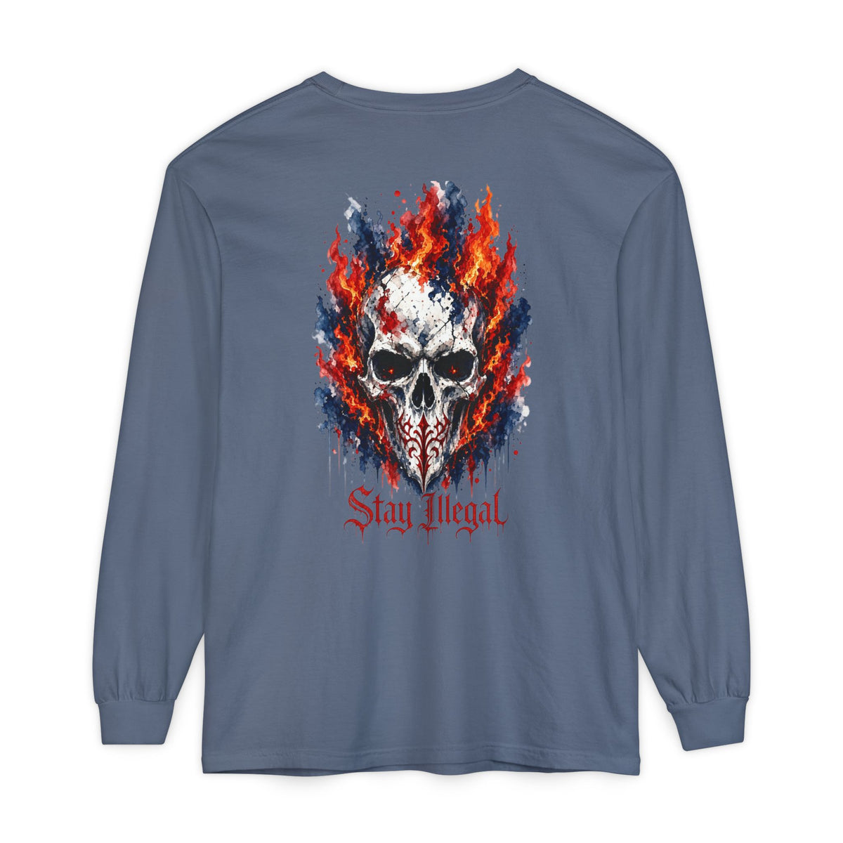 Back Print Long Sleeve T‑Shirt — Stay Illegal Skull/A