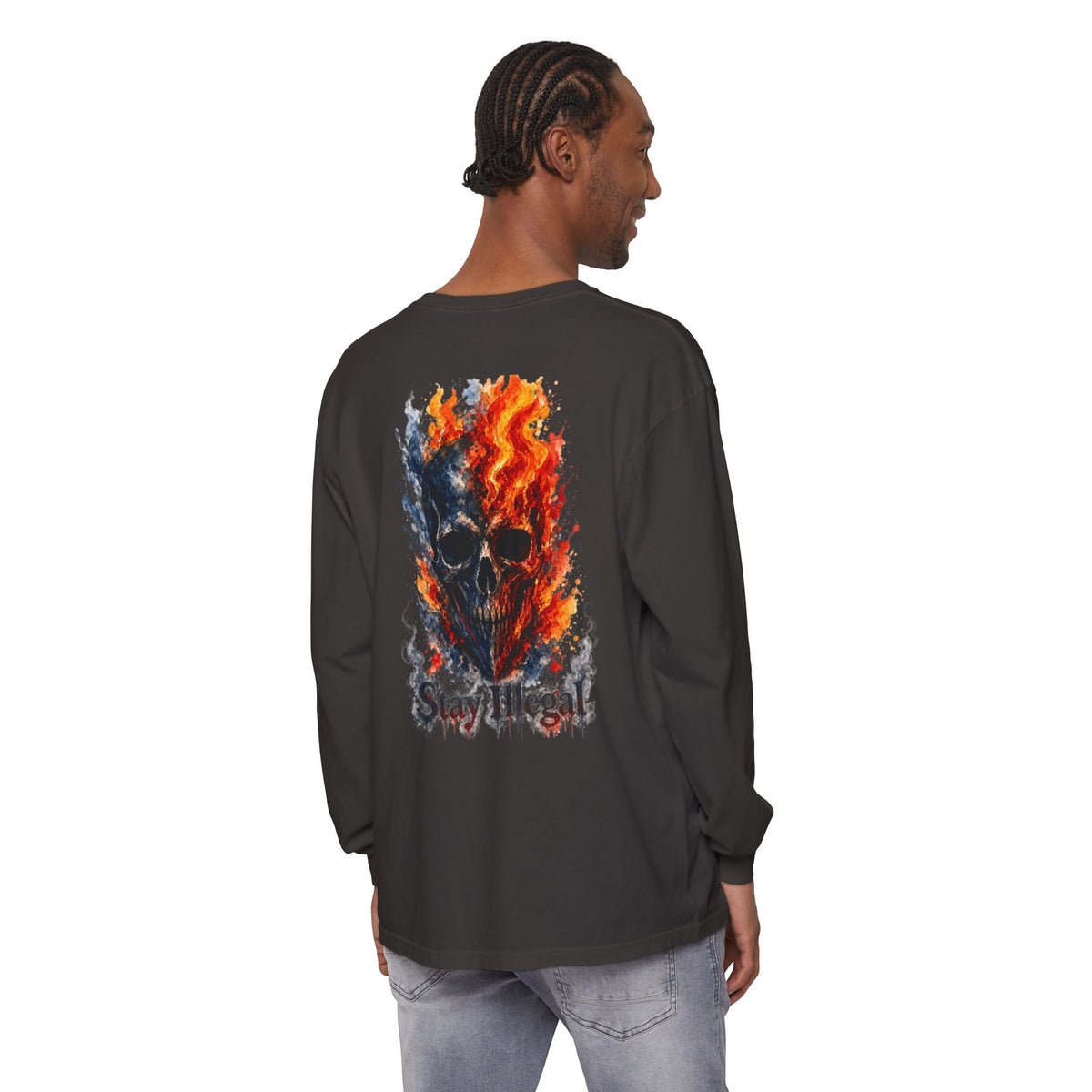 Back Print Long Sleeve T‑Shirt — Stay Illegal Skull/F