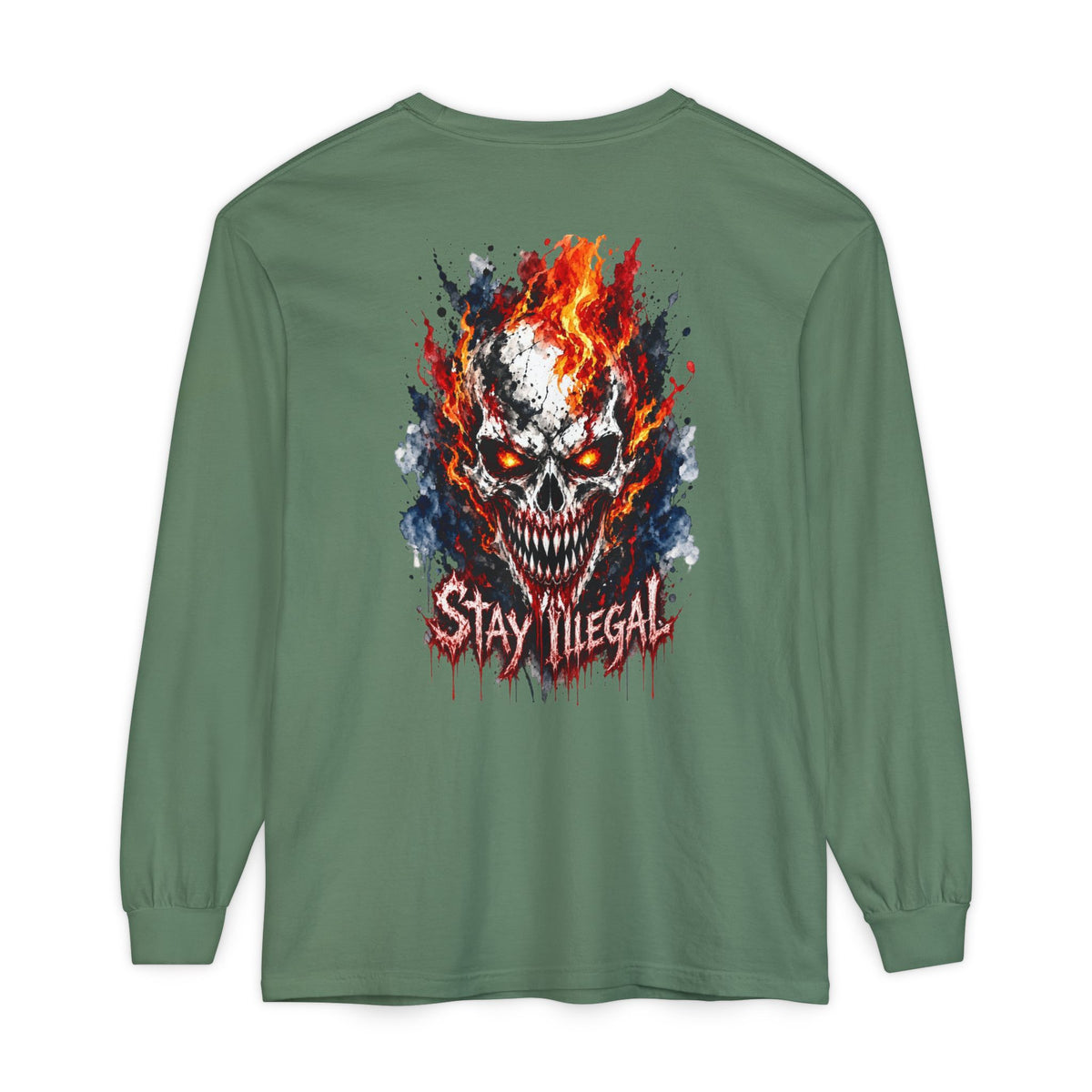 Back Print Long Sleeve T‑Shirt — Stay Illegal Skull/E