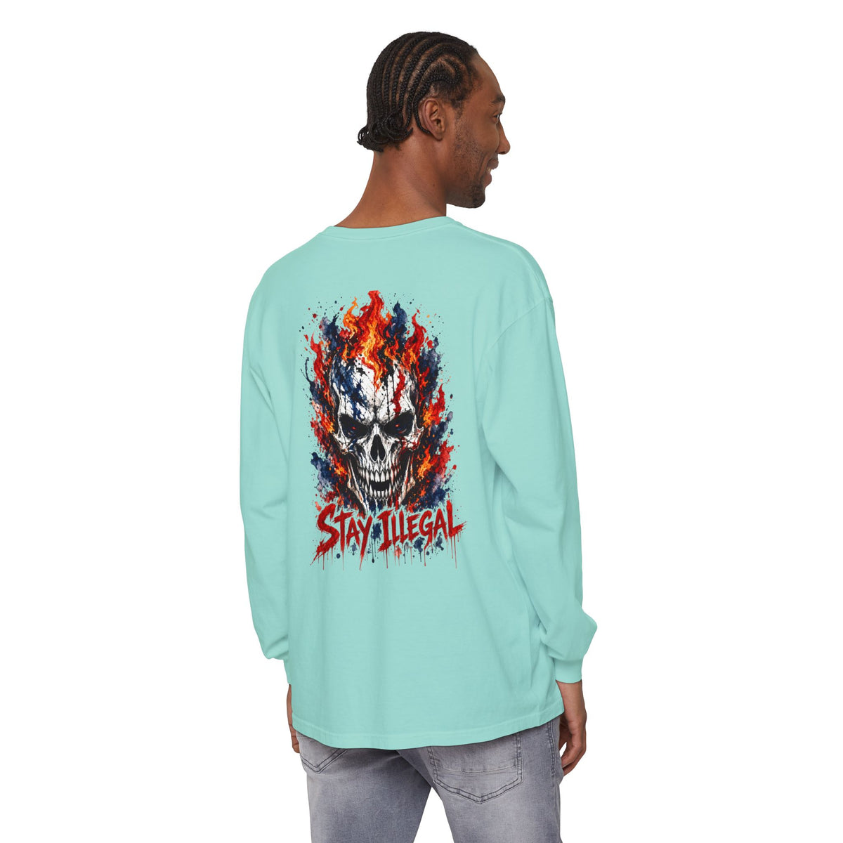 Back Print Long Sleeve T‑Shirt — Stay Illegal Skull/C