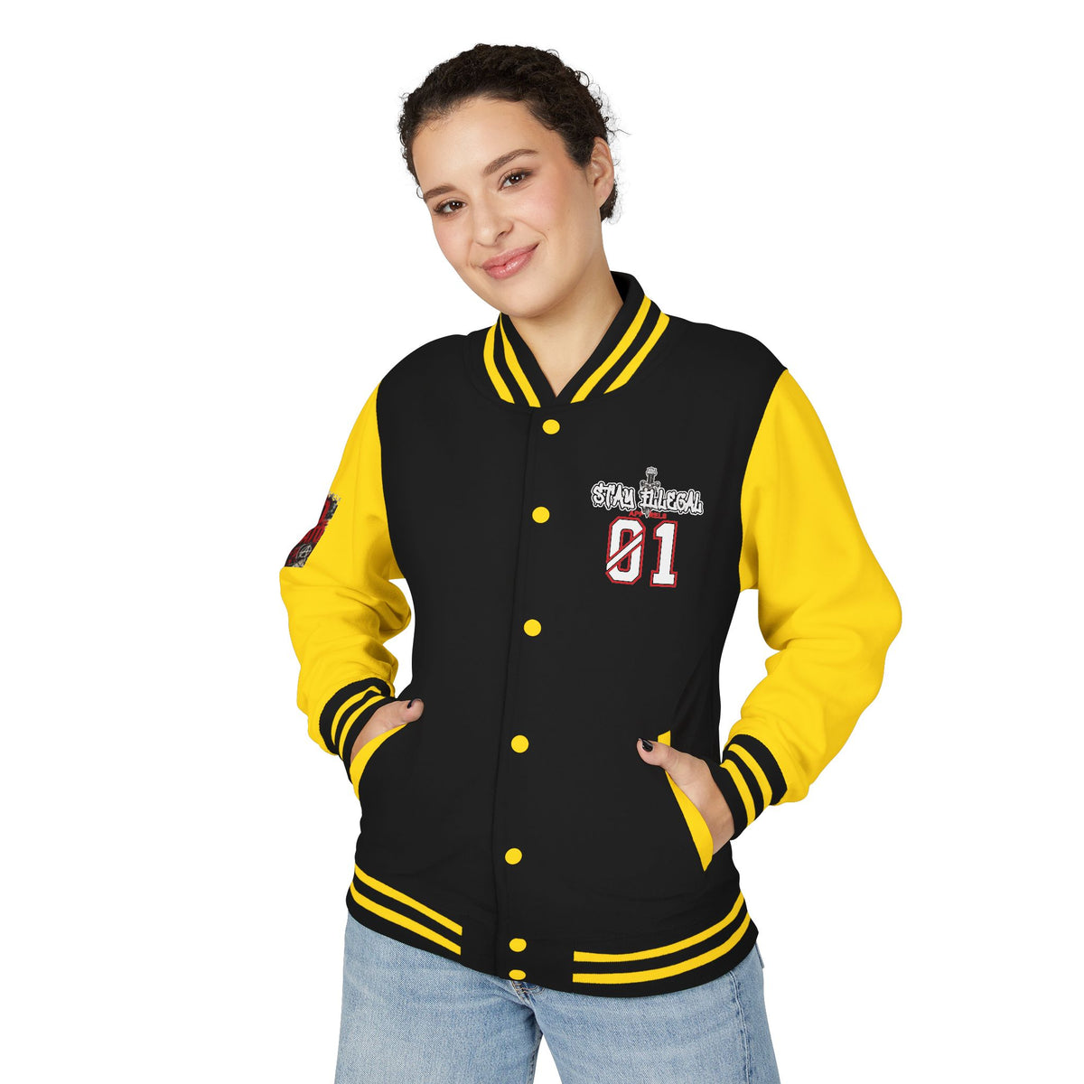 Stay Illegal Varsity Bomber Jacket - Calm Like a Bomb 01 (No To NATO Graphic)