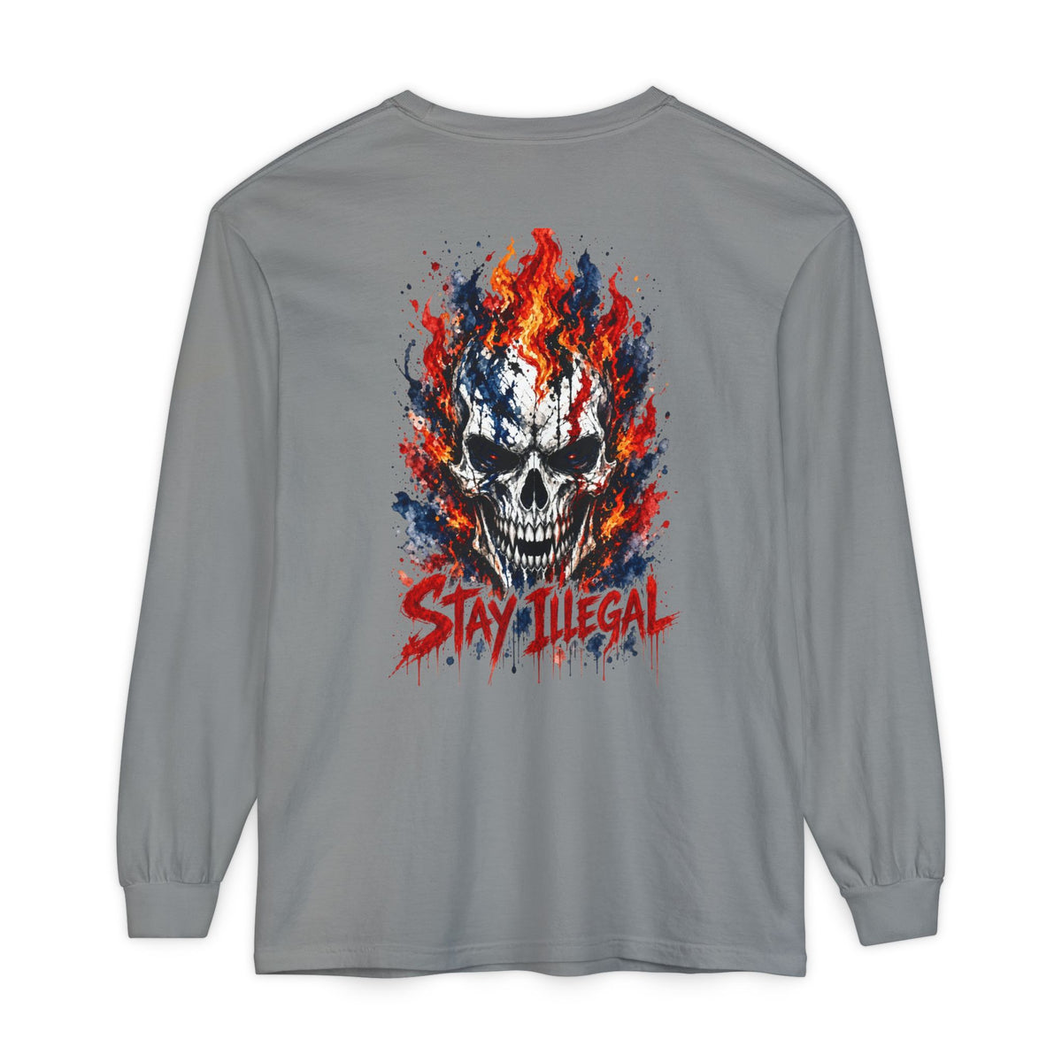 Back Print Long Sleeve T‑Shirt — Stay Illegal Skull/C