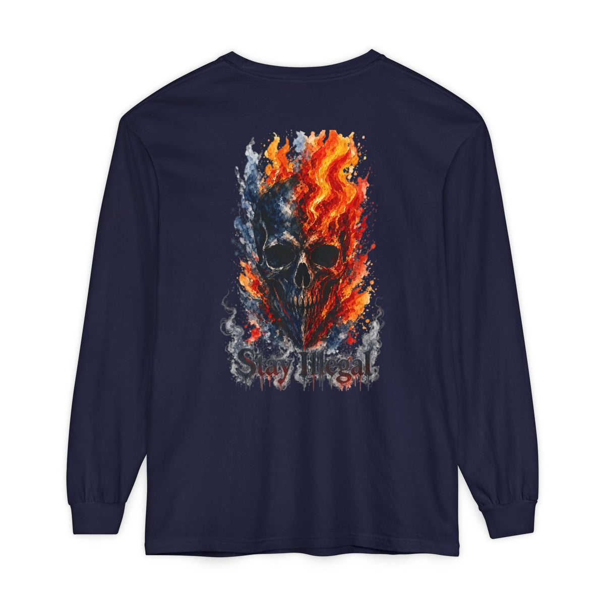 Back Print Long Sleeve T‑Shirt — Stay Illegal Skull/F