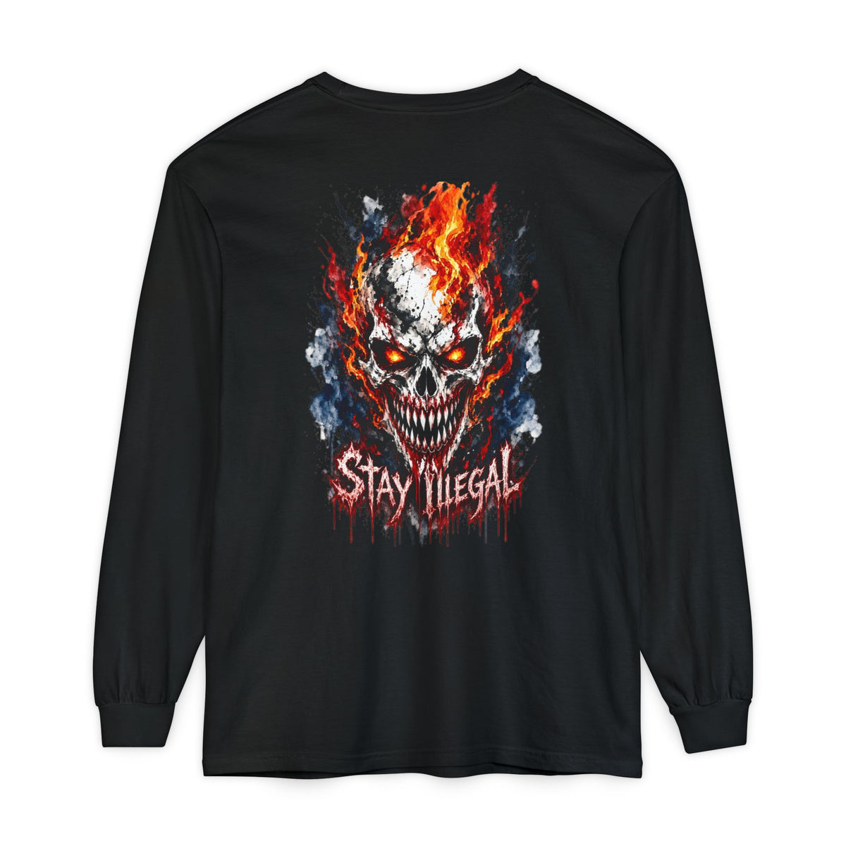 Back Print Long Sleeve T‑Shirt — Stay Illegal Skull/E