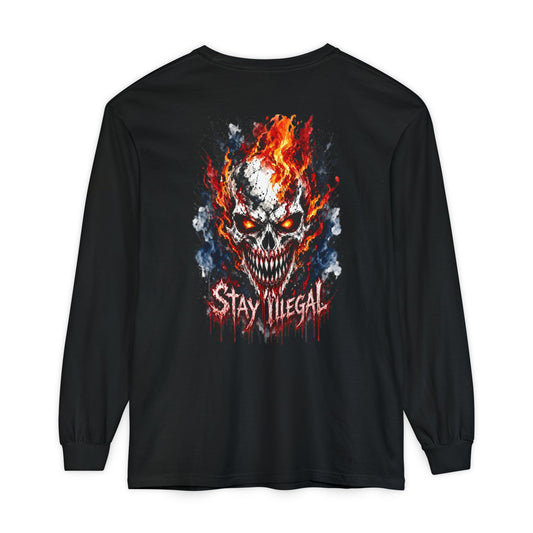 Back Print Long Sleeve T‑Shirt — Stay Illegal Skull/E