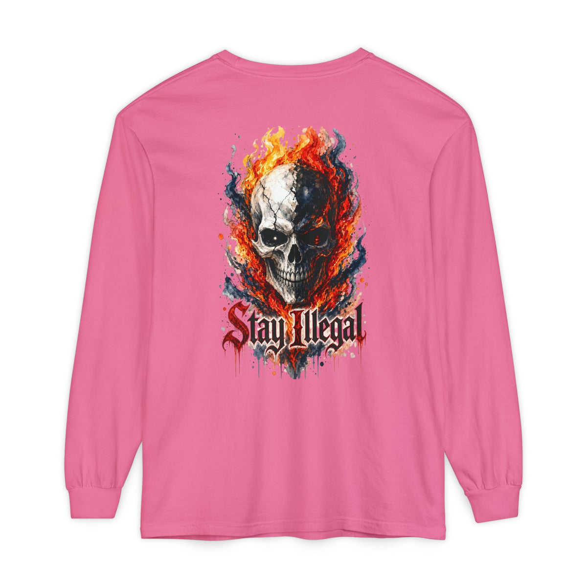 Back Print Long Sleeve T‑Shirt — Stay Illegal Skull/B