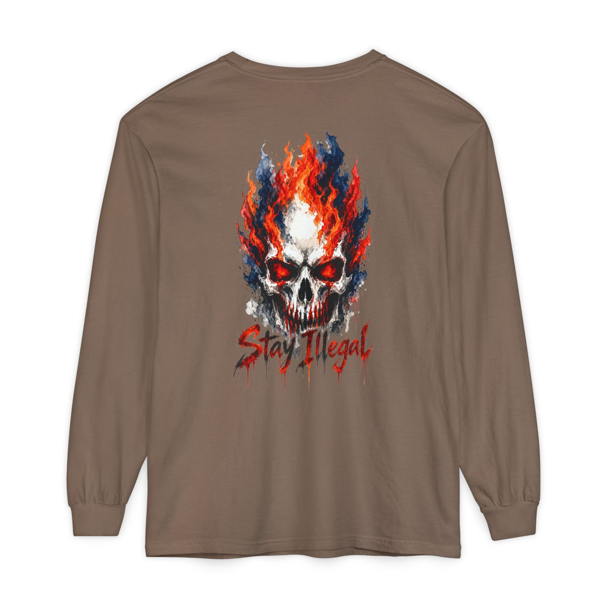 Back Print Long Sleeve T‑Shirt — Stay Illegal Skull/D