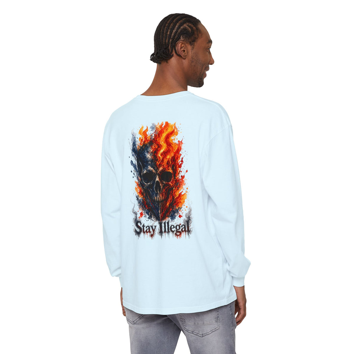 Back Print Long Sleeve T‑Shirt — Stay Illegal Skull/F