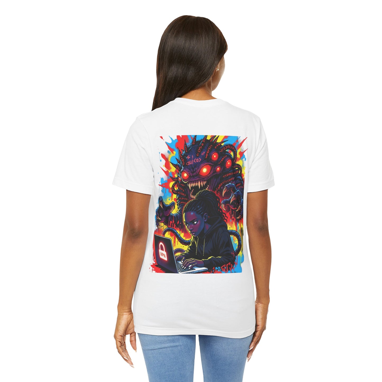 Back Print T‑Shirt — HACKER GIRL/NEON GLITCH VPN