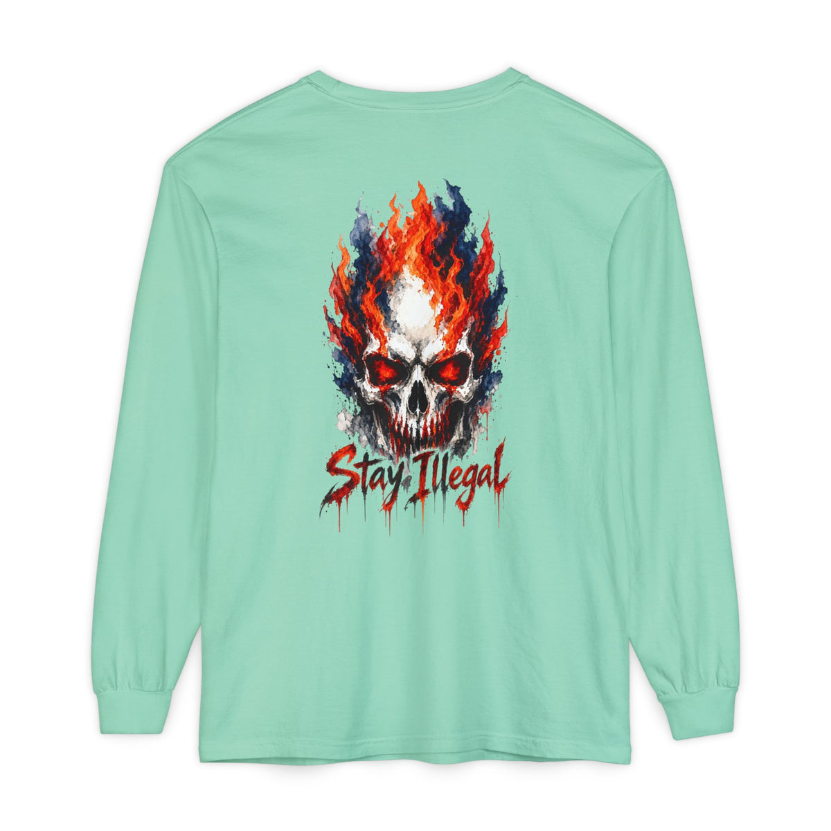 Back Print Long Sleeve T‑Shirt — Stay Illegal Skull/D