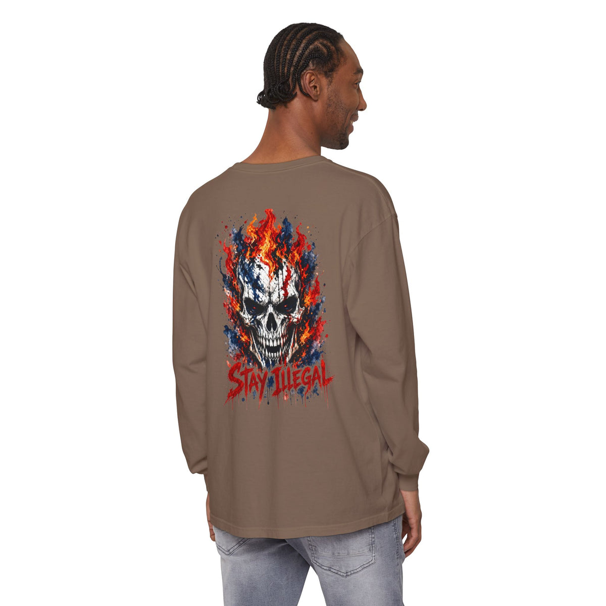 Back Print Long Sleeve T‑Shirt — Stay Illegal Skull/C