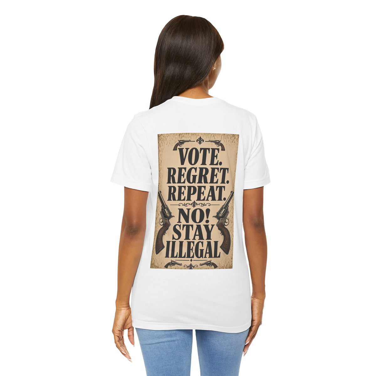 Wanted Back Print T‑Shirt — VOTE REGRET REPAT. NO!