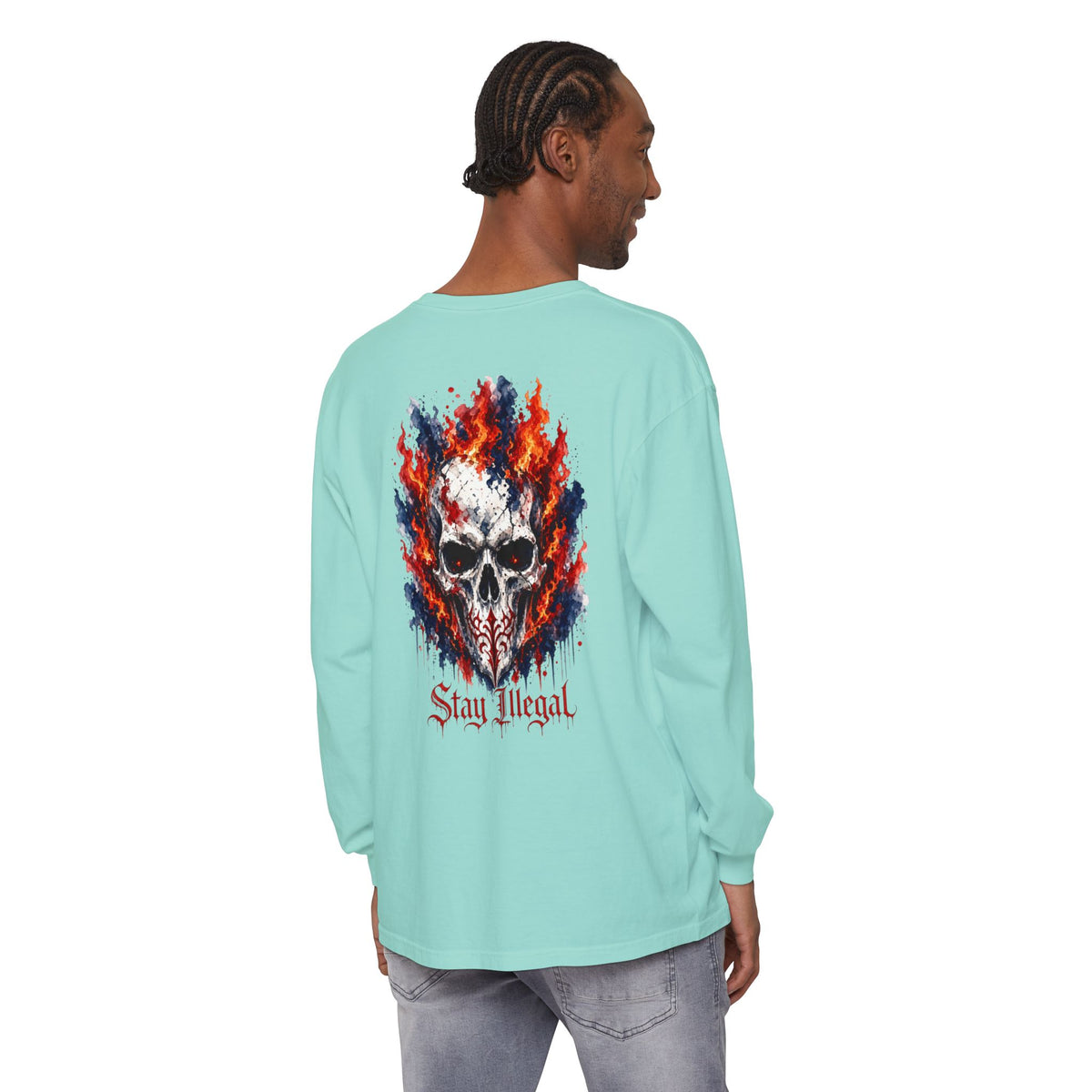 Back Print Long Sleeve T‑Shirt — Stay Illegal Skull/A