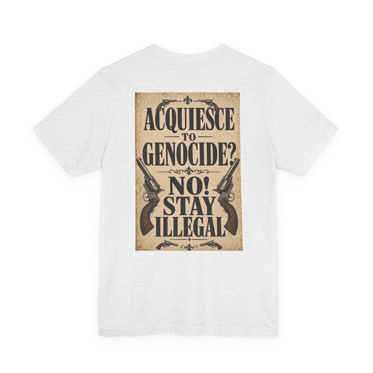 Wanted Back Print T‑Shirt — ACQUIESCE TO GENOCIDE, NO!