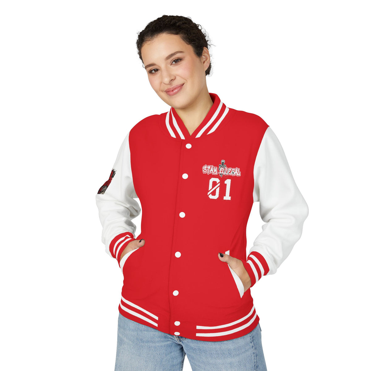 Stay Illegal Varsity Bomber Jacket - Calm Like a Bomb 01 (No To NATO Graphic)