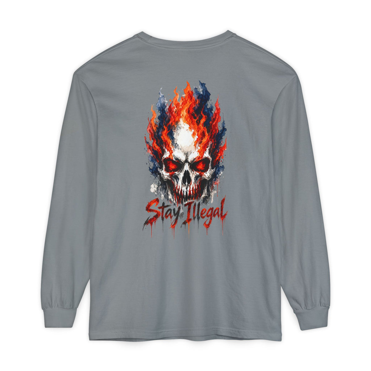 Back Print Long Sleeve T‑Shirt — Stay Illegal Skull/D
