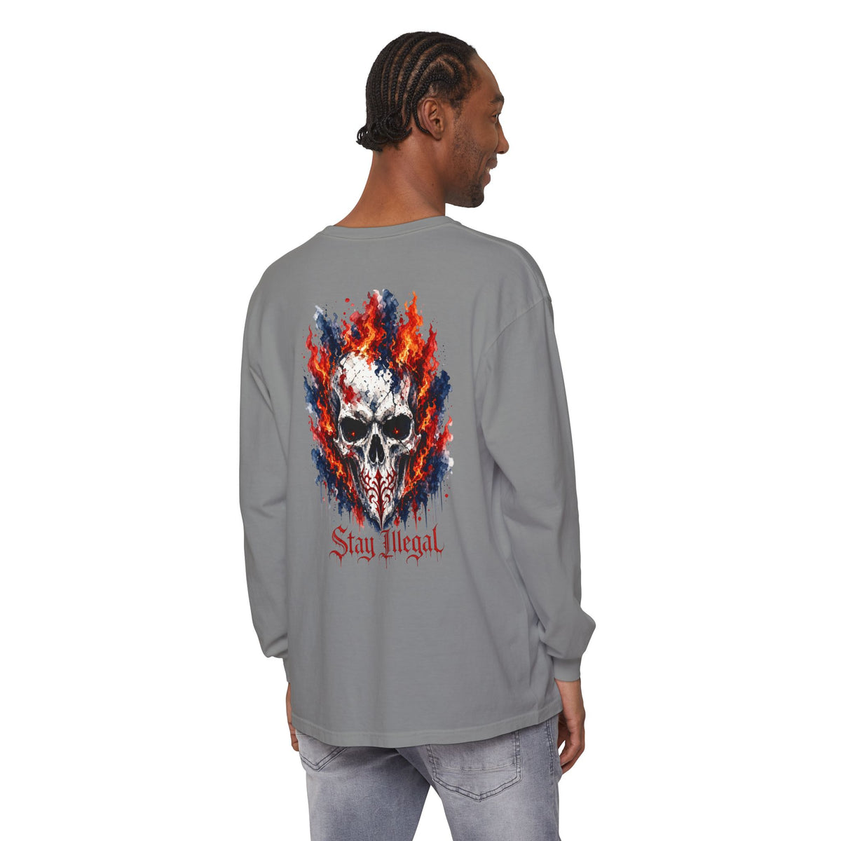 Back Print Long Sleeve T‑Shirt — Stay Illegal Skull/A