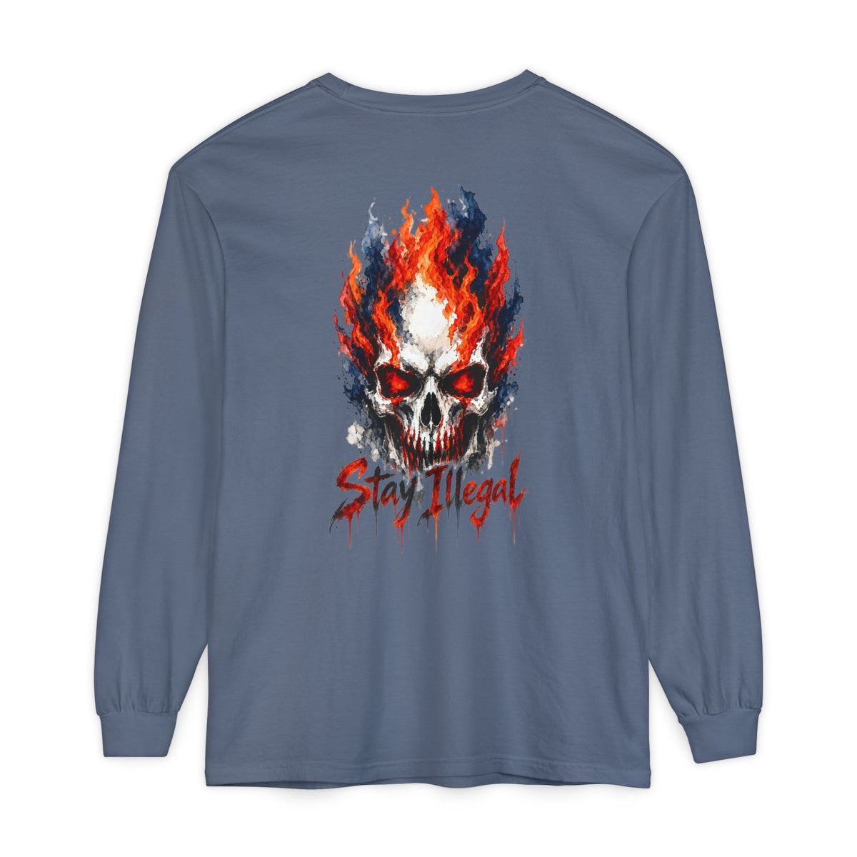 Back Print Long Sleeve T‑Shirt — Stay Illegal Skull/D