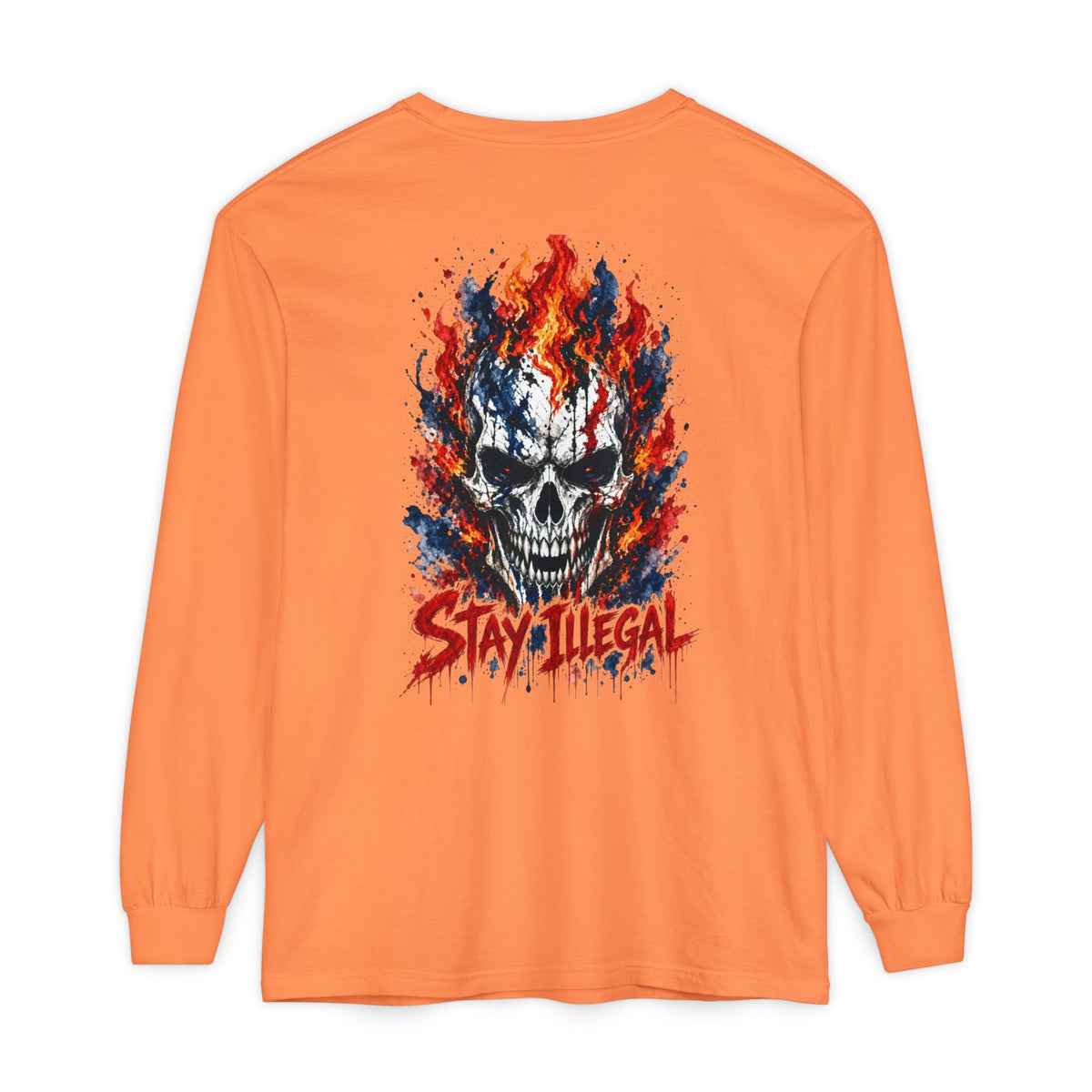 Back Print Long Sleeve T‑Shirt — Stay Illegal Skull/C