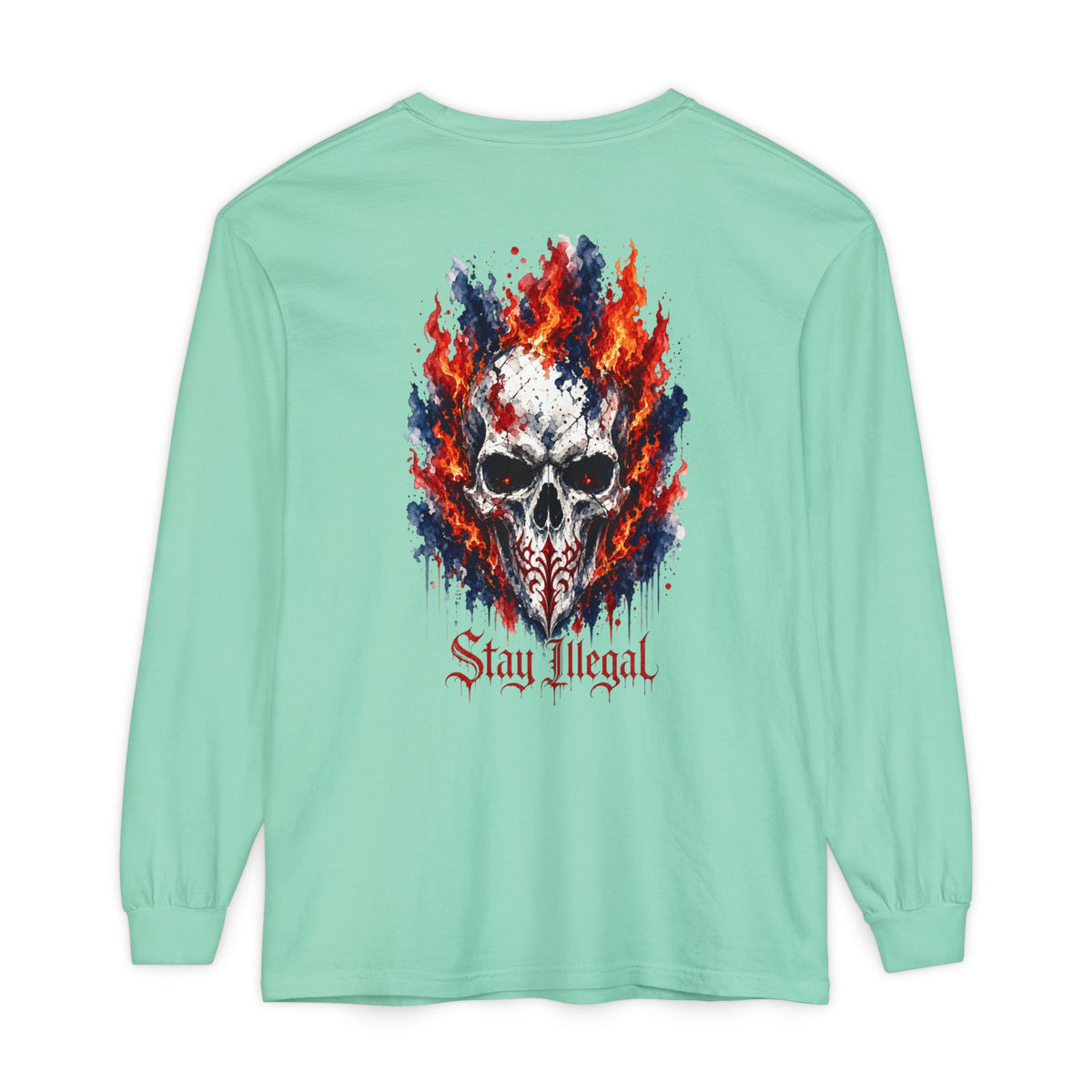 Back Print Long Sleeve T‑Shirt — Stay Illegal Skull/A