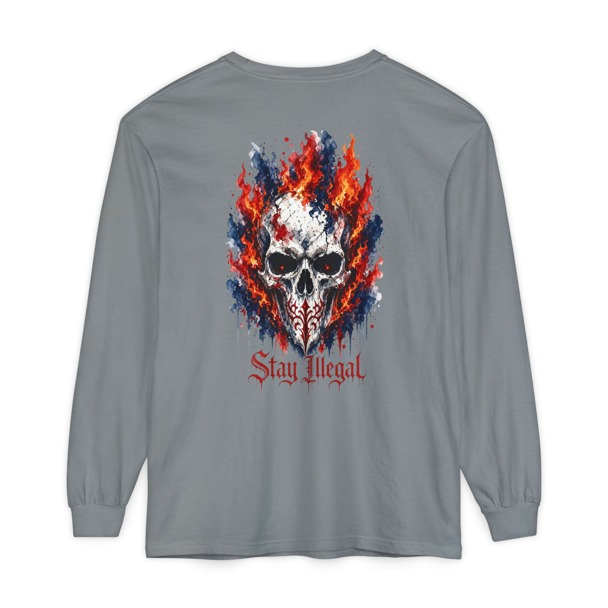 Back Print Long Sleeve T‑Shirt — Stay Illegal Skull/A
