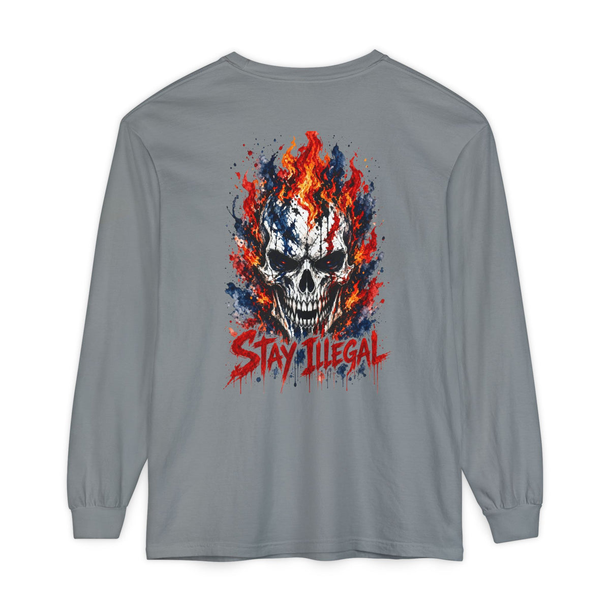 Back Print Long Sleeve T‑Shirt — Stay Illegal Skull/C