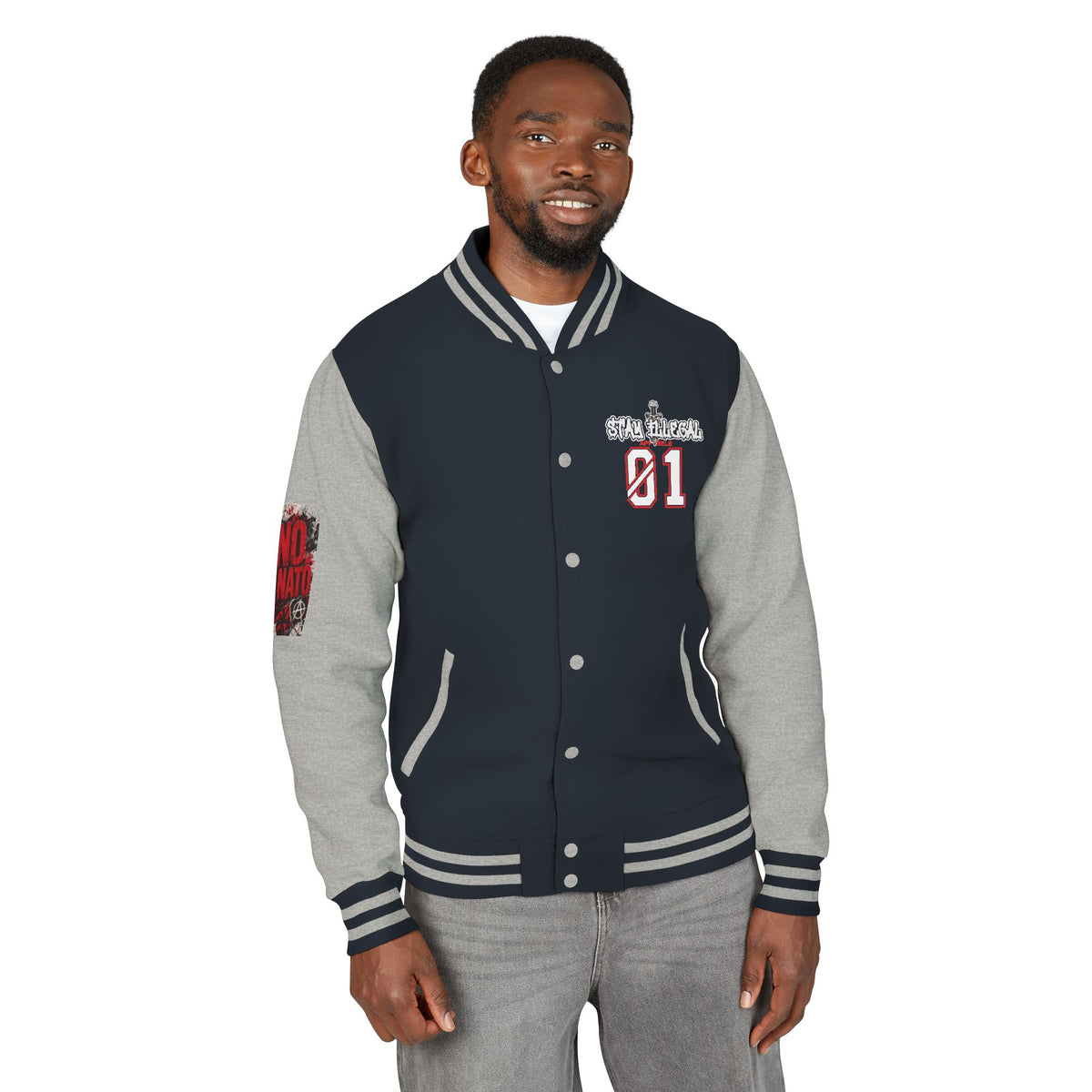 Stay Illegal Varsity Bomber Jacket - Calm Like a Bomb 01 (No To NATO Graphic)