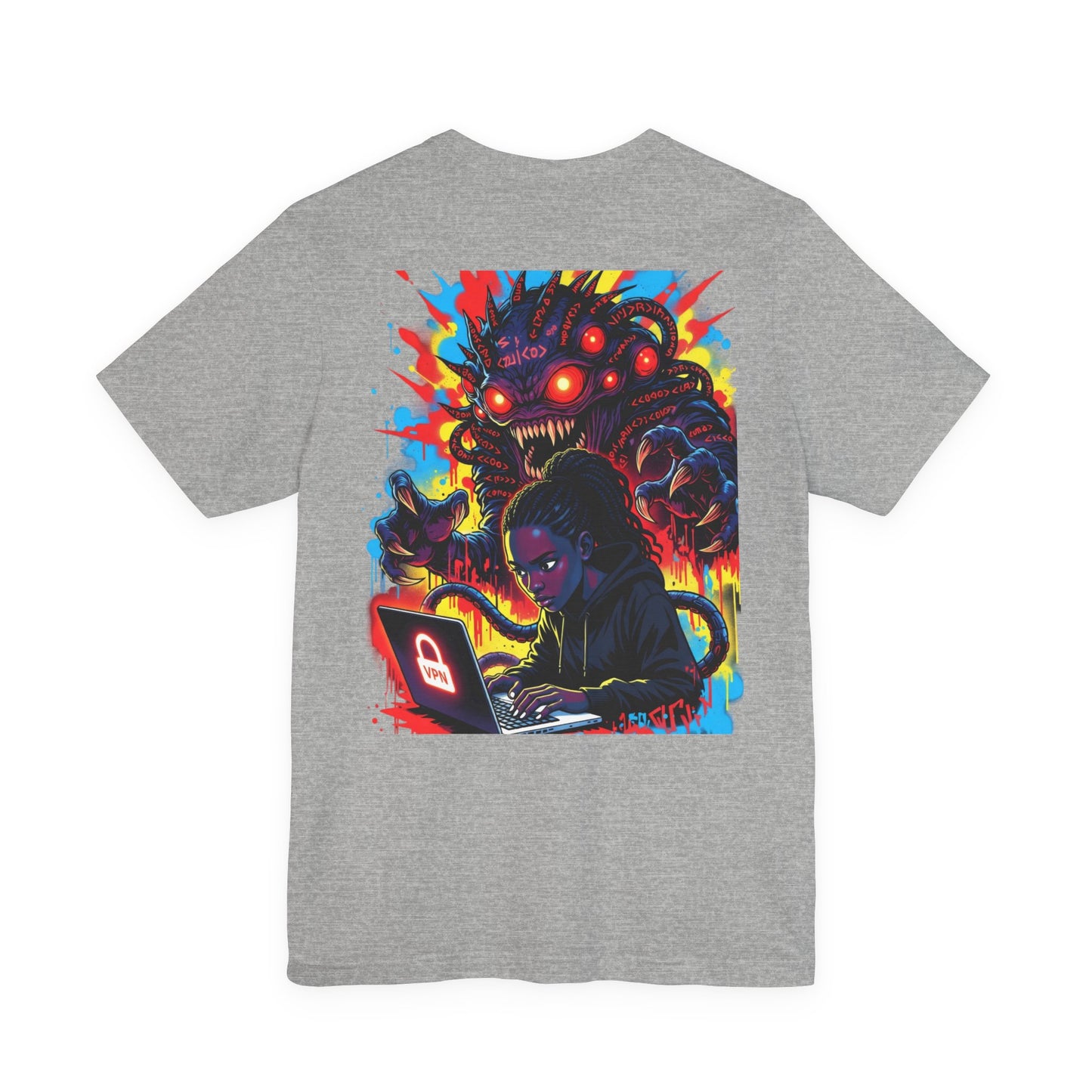 Back Print T‑Shirt — HACKER GIRL/NEON GLITCH VPN