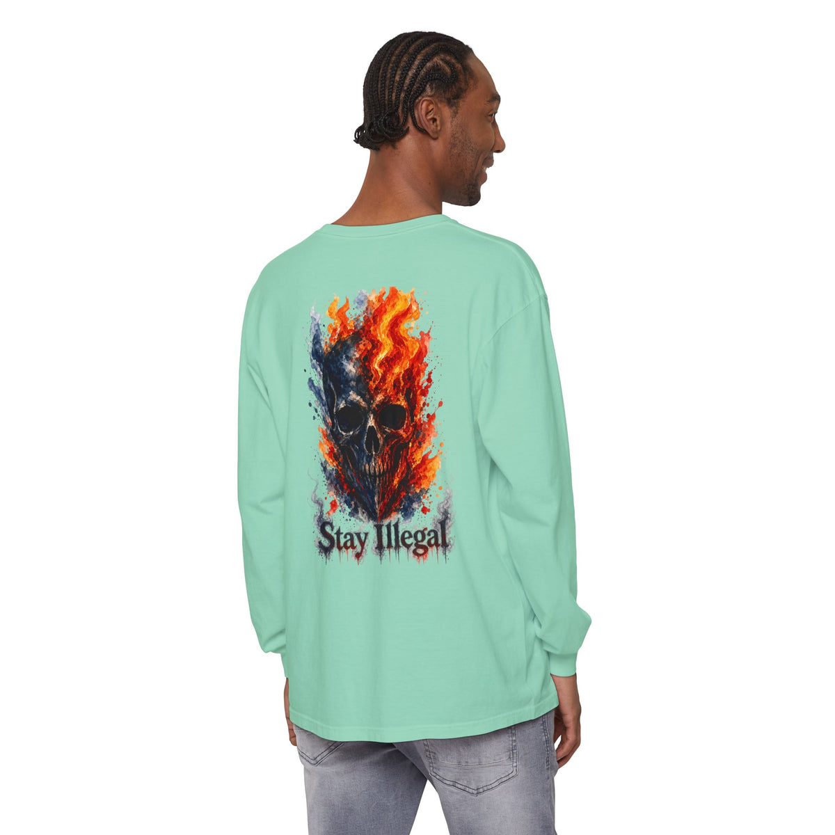 Back Print Long Sleeve T‑Shirt — Stay Illegal Skull/F