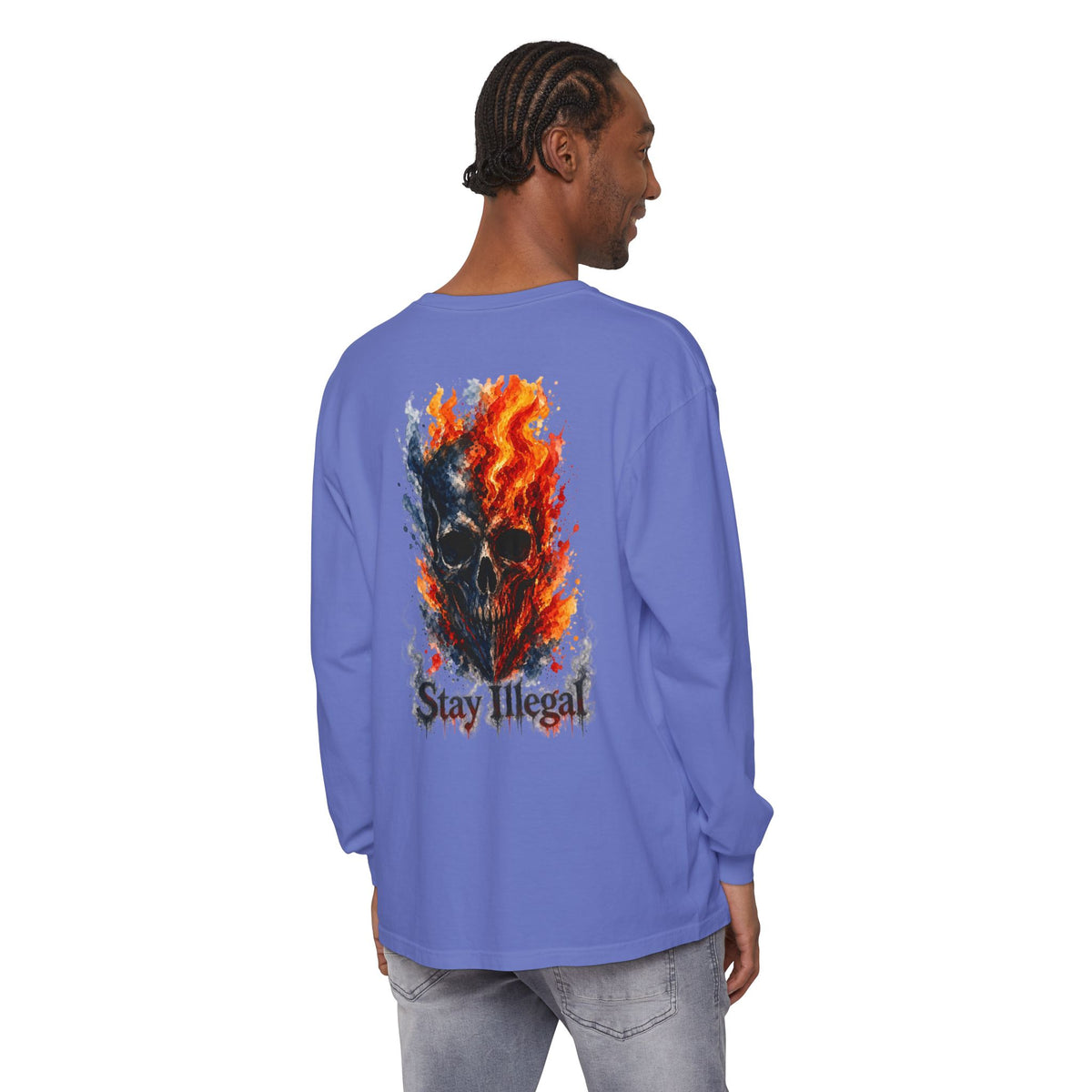 Back Print Long Sleeve T‑Shirt — Stay Illegal Skull/F